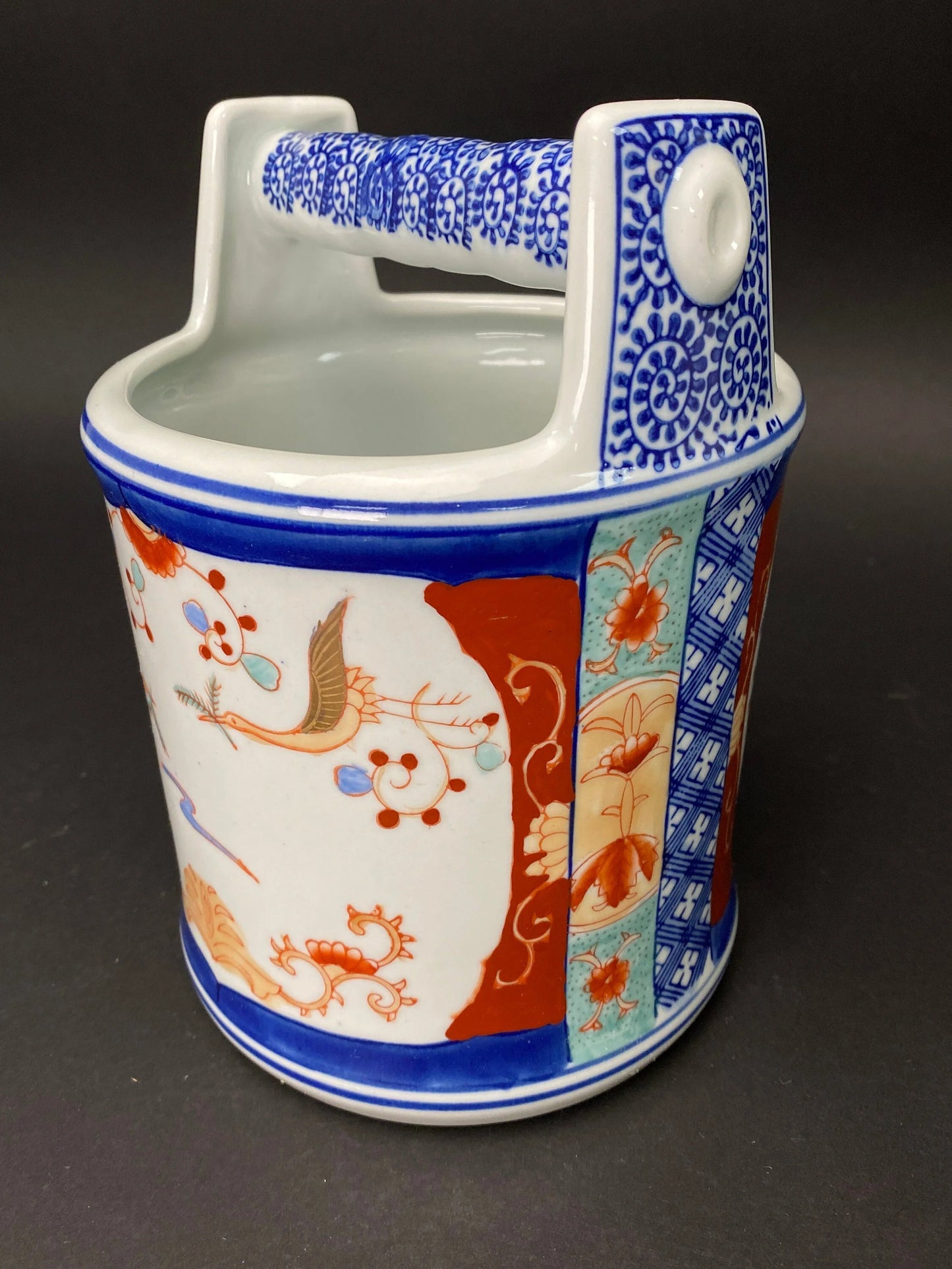 Japanese Ikebana Bucket Vase H8”, Brush Pot, Blue & White Porcelain cylinder, Gold Crane pattern hand painted