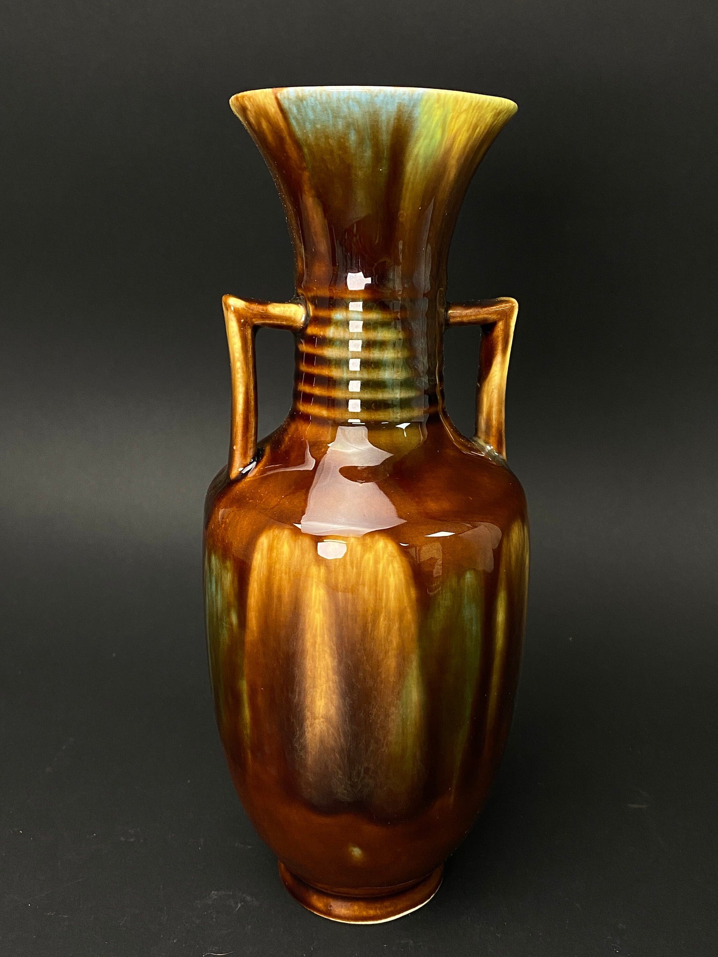 Vintage Japanese Sancai Vase with Box: Green Amber Drip Glaze Pottery, Signed Art Ceramic, Rustic Home Decor, Ikebana Flower Vessel