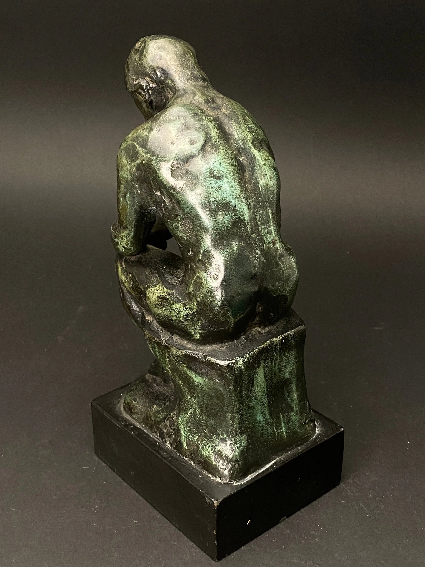 Japanese H9" Rodin's Bronze Statue The Thinker: green bronze Decorative on Wooden Base