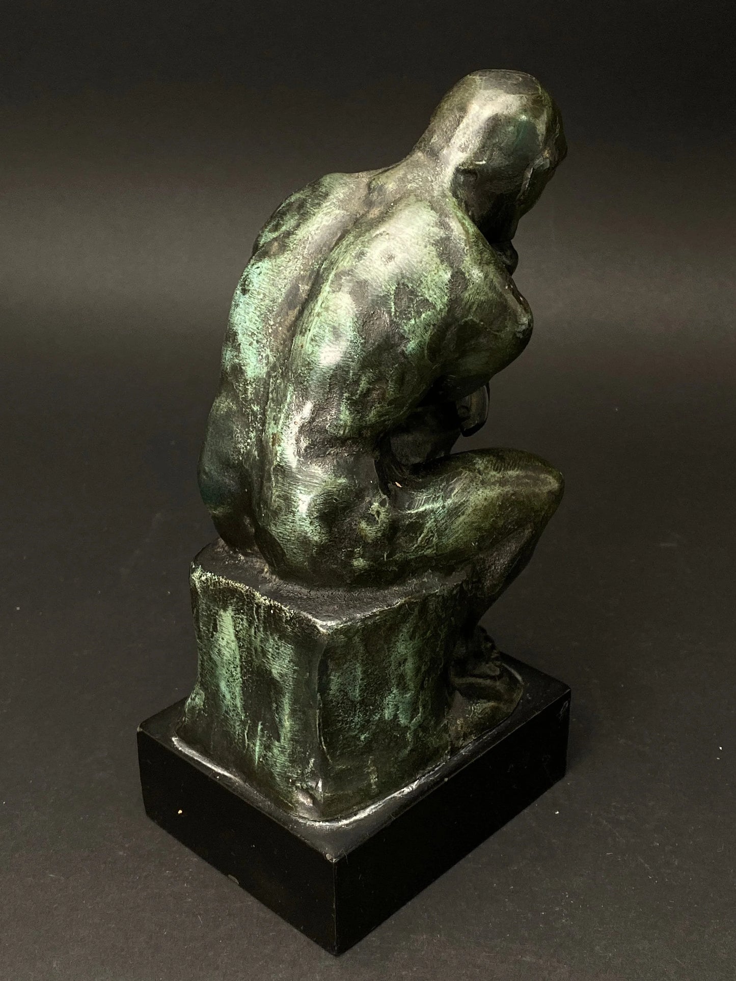 Japanese H9" Rodin's Bronze Statue The Thinker: green bronze Decorative on Wooden Base
