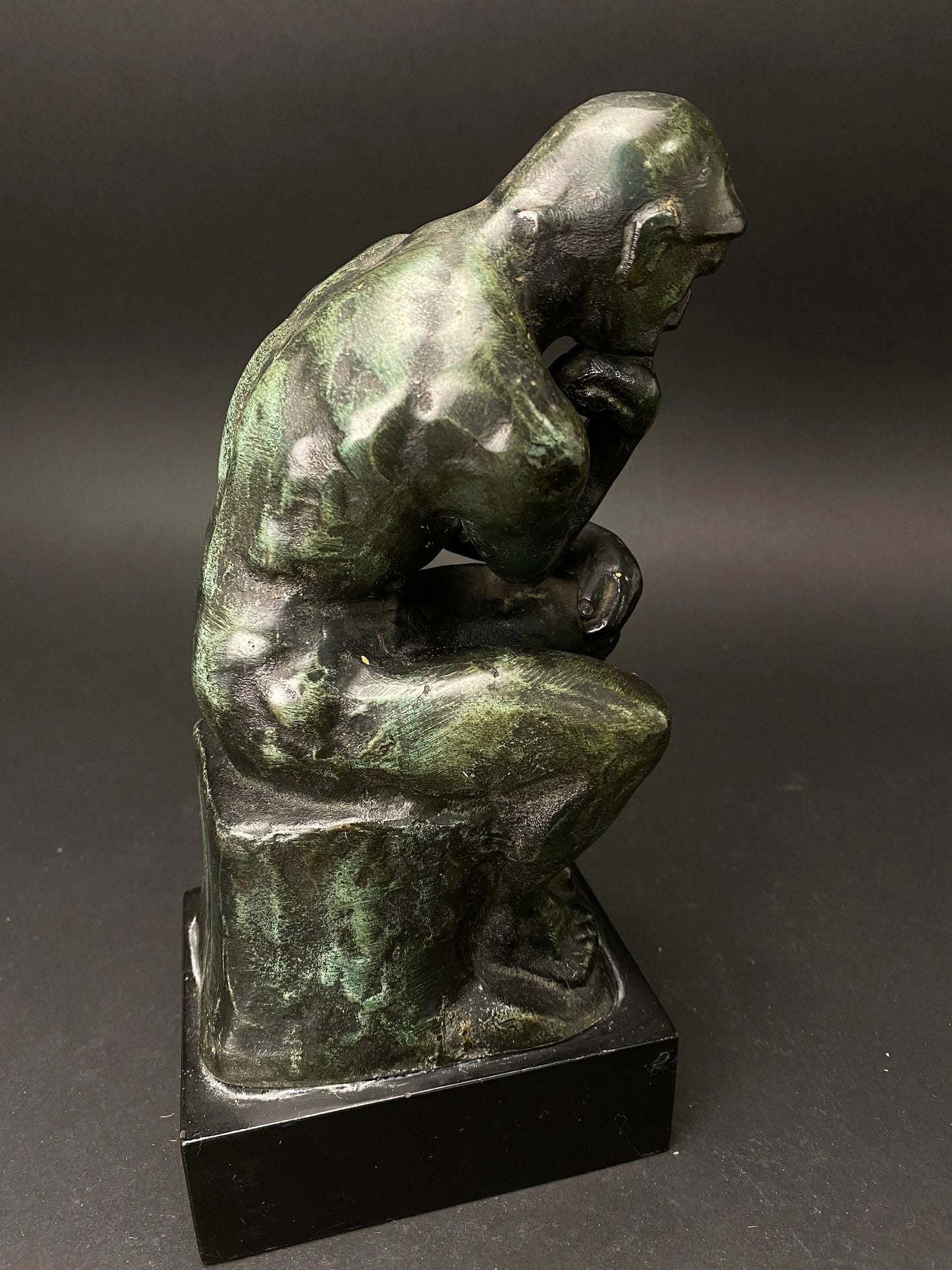 Japanese H9" Rodin's Bronze Statue The Thinker: green bronze Decorative on Wooden Base