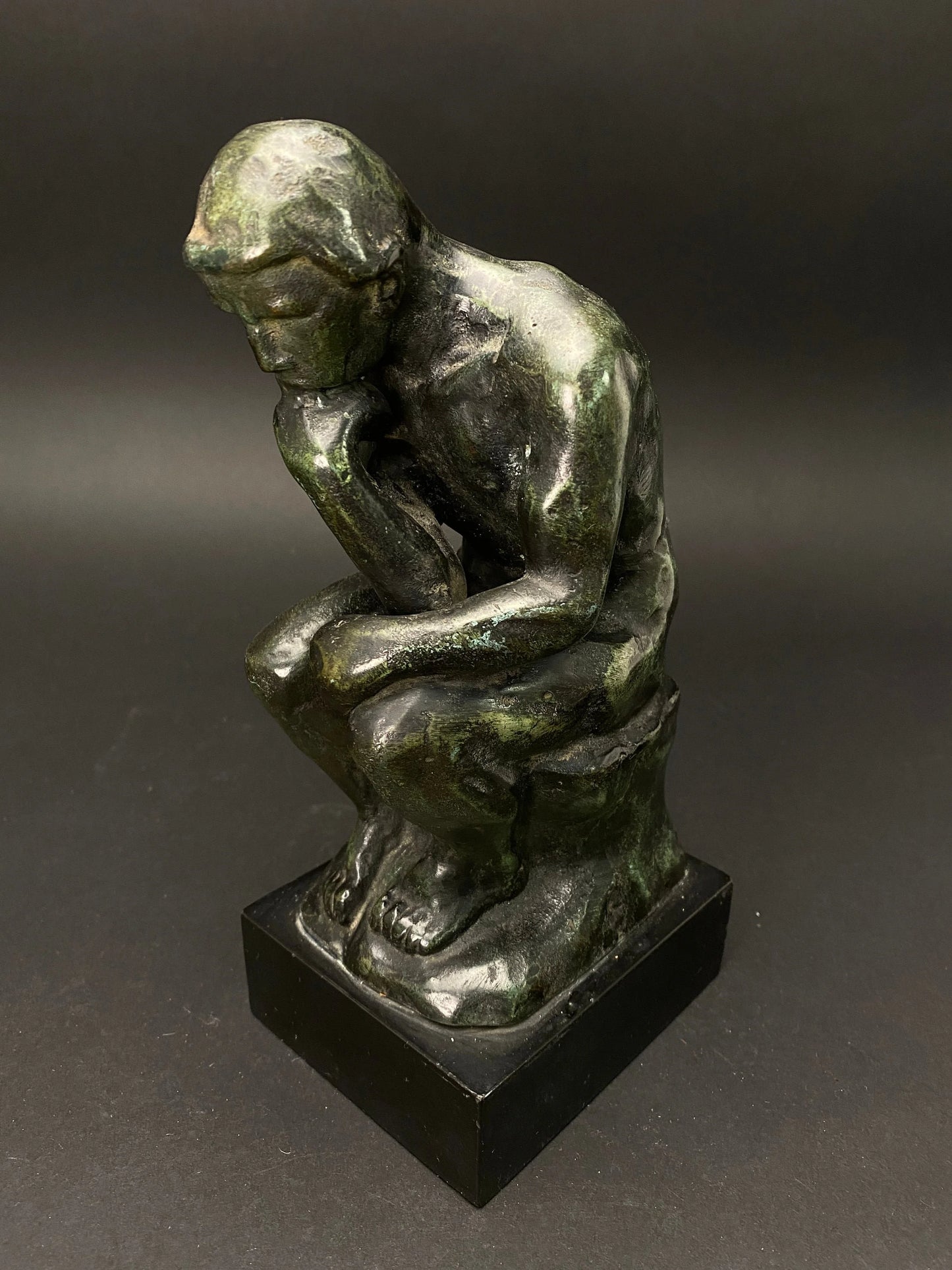 Japanese H9" Rodin's Bronze Statue The Thinker: green bronze Decorative on Wooden Base