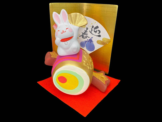 Japanese Zodiac Rabbit and lucky hammer, Ceramic Ornament Figurine, Rabbit Ornament Kagamimochi, Blessed Mallet Clay set