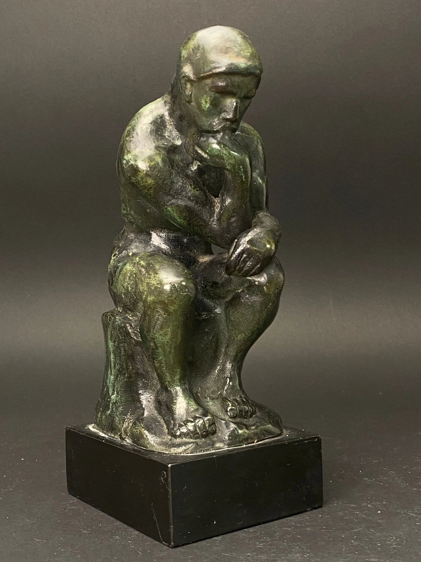 Japanese H9" Rodin's Bronze Statue The Thinker: green bronze Decorative on Wooden Base
