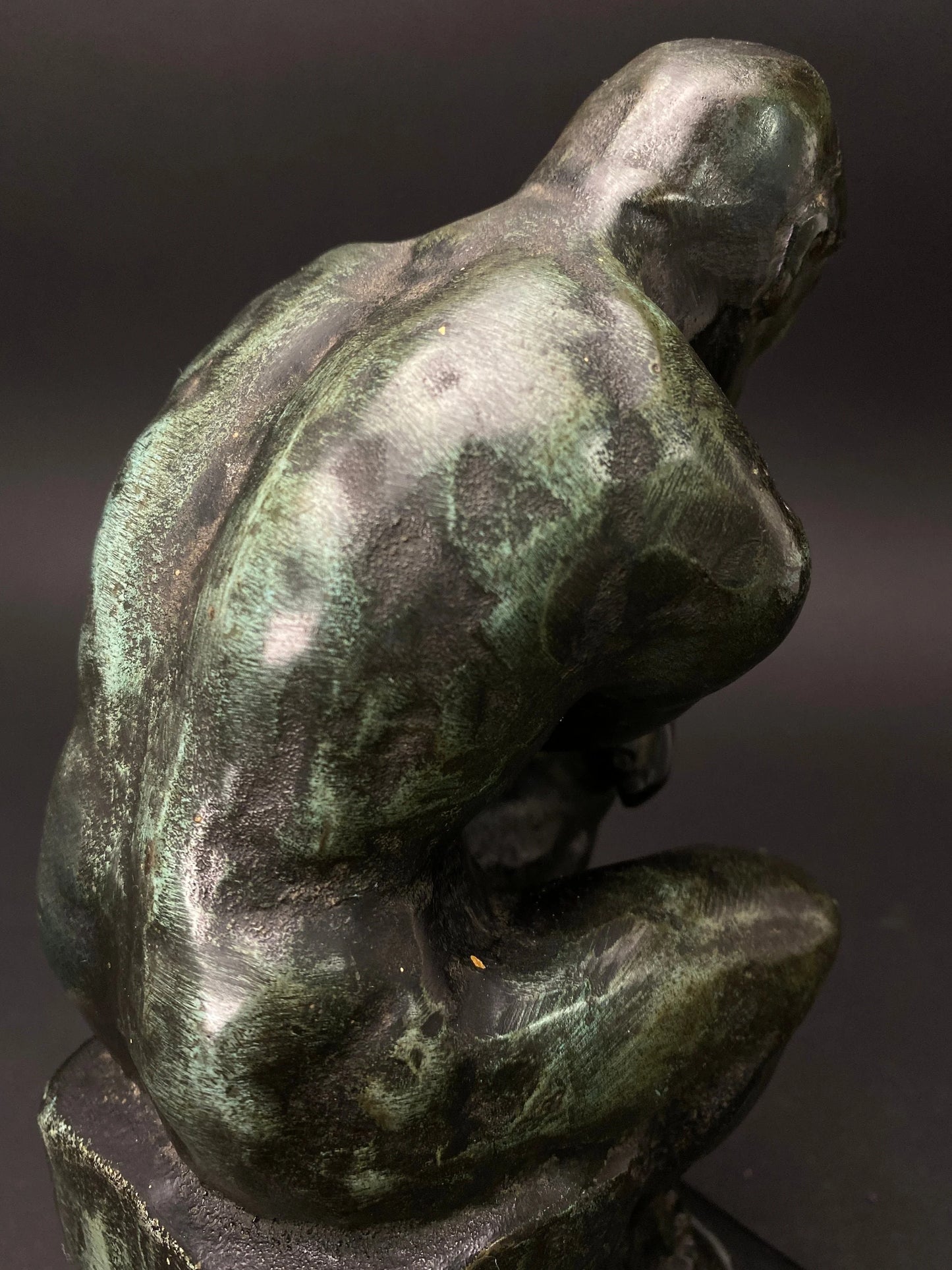 Japanese H9" Rodin's Bronze Statue The Thinker: green bronze Decorative on Wooden Base