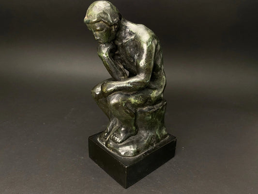 Japanese H9" Rodin's Bronze Statue The Thinker: green bronze Decorative on Wooden Base