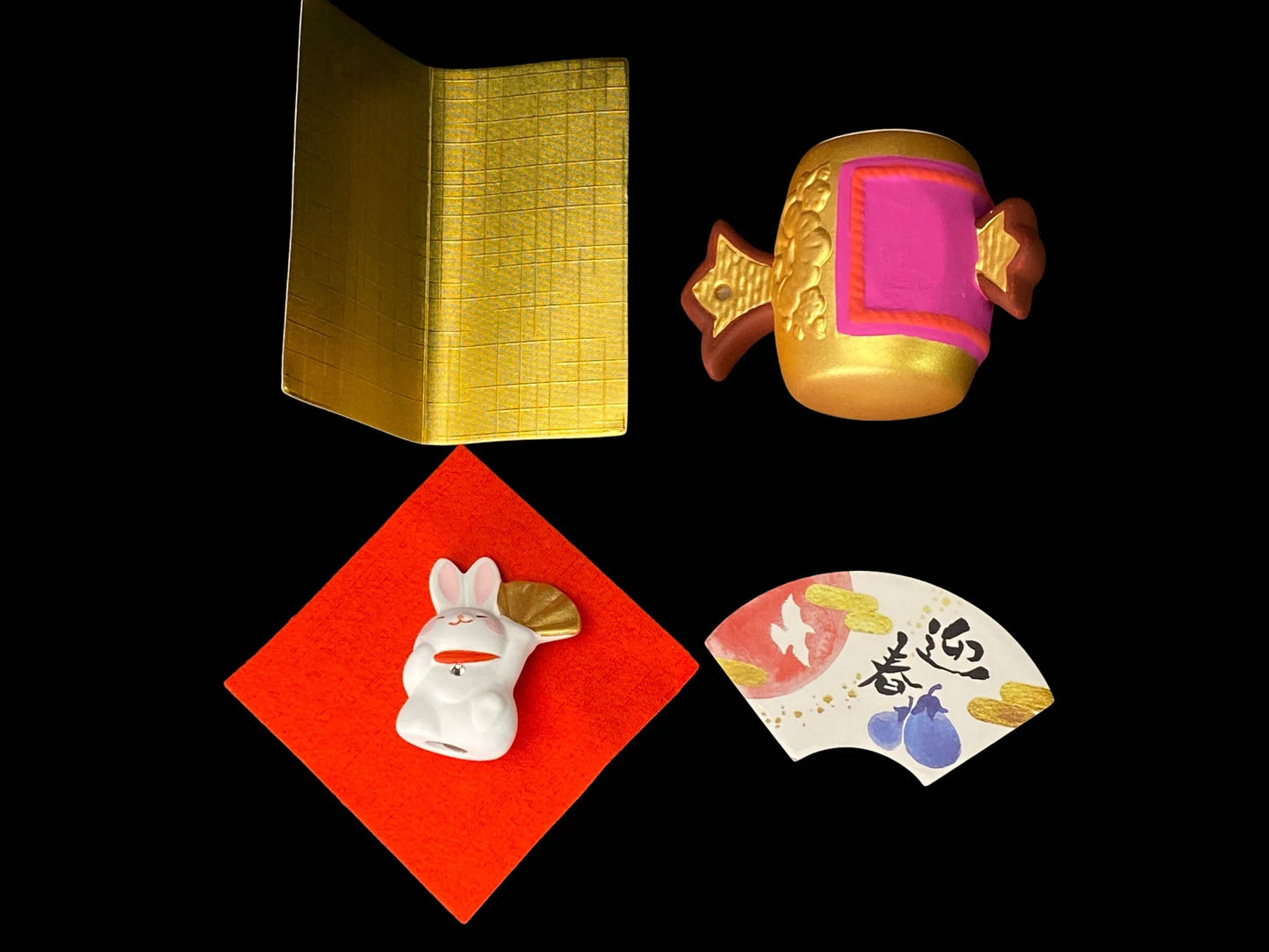 Japanese Zodiac Rabbit and lucky hammer, Ceramic Ornament Figurine, Rabbit Ornament Kagamimochi, Blessed Mallet Clay set