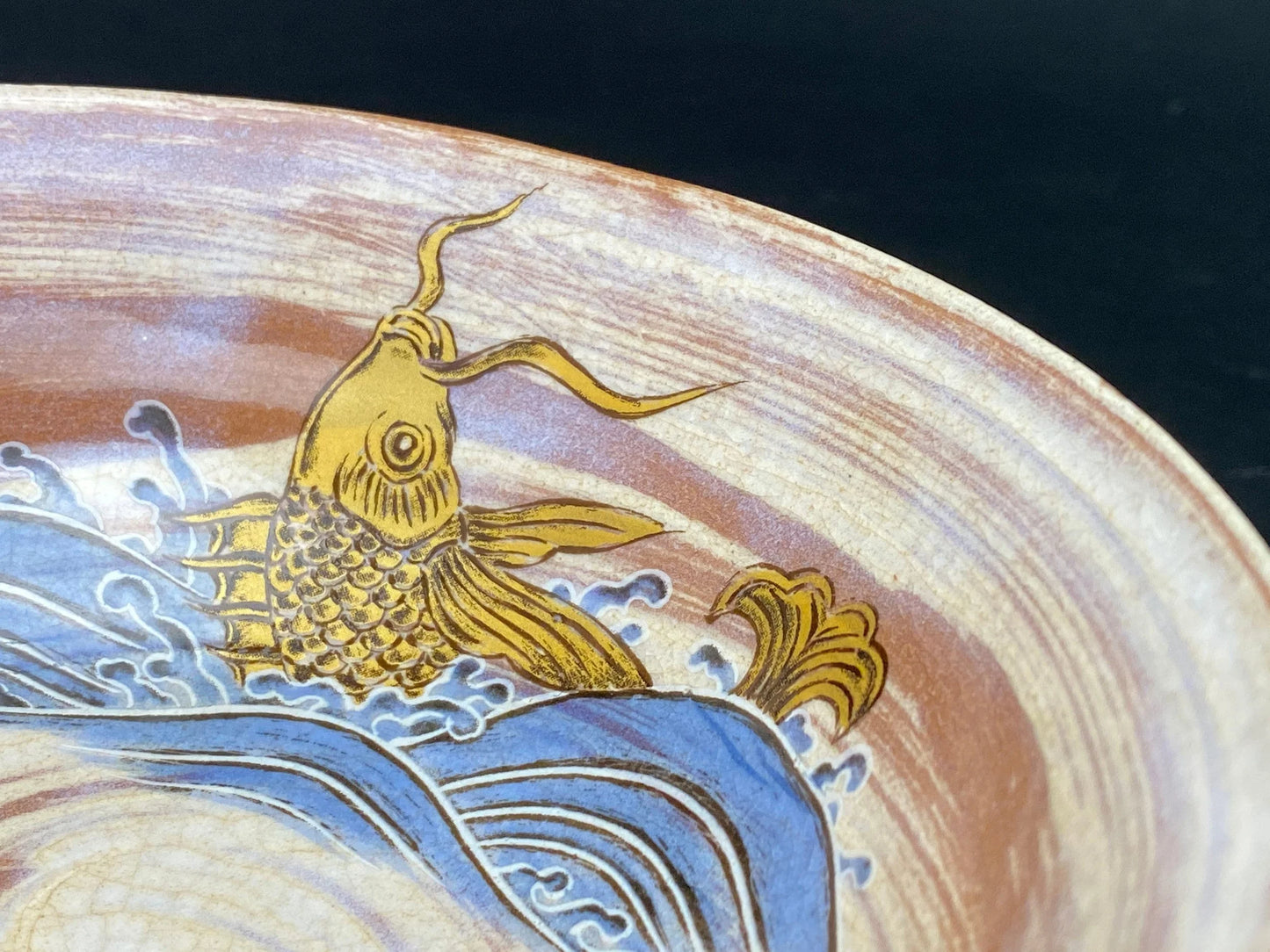 Japanese Araiso ware Chawan by Shoun: hand painted Fish Tea Bowl with box, low profile, rare Tea Utensils for Tea Ceremony
