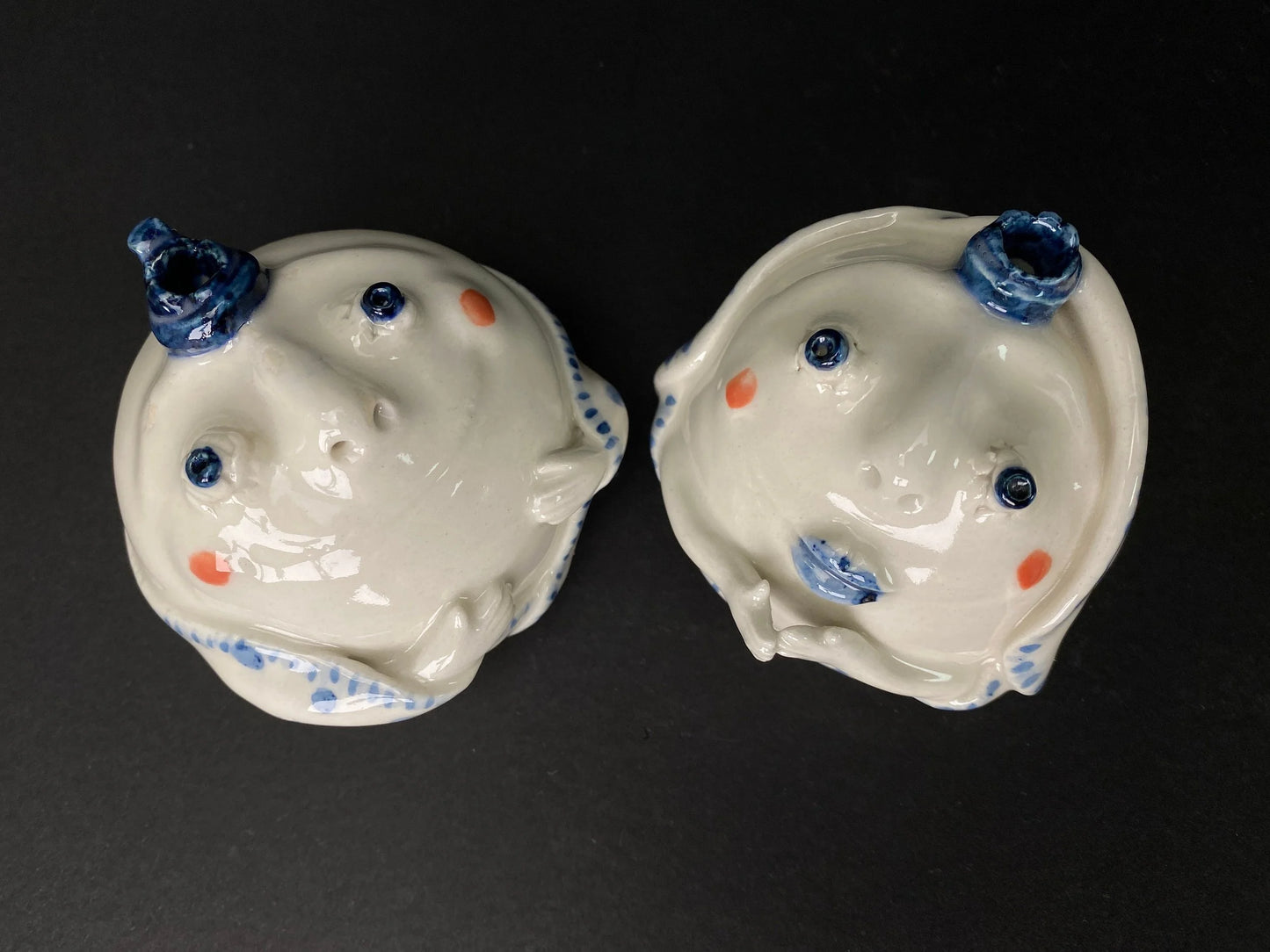 Ceramic Daruma Couple Pair White and Blue