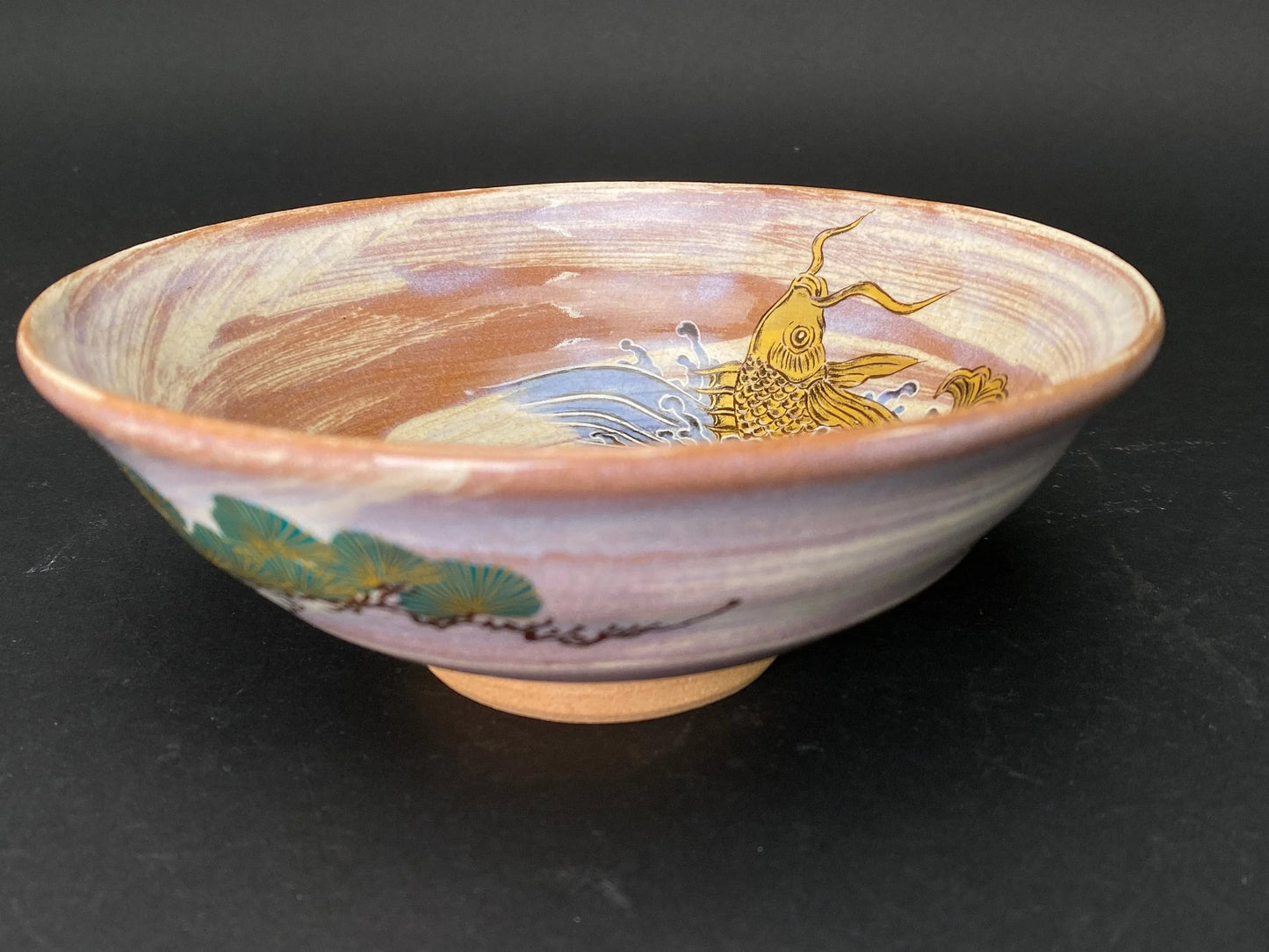 Japanese Araiso ware Chawan by Shoun: hand painted Fish Tea Bowl with box, low profile, rare Tea Utensils for Tea Ceremony