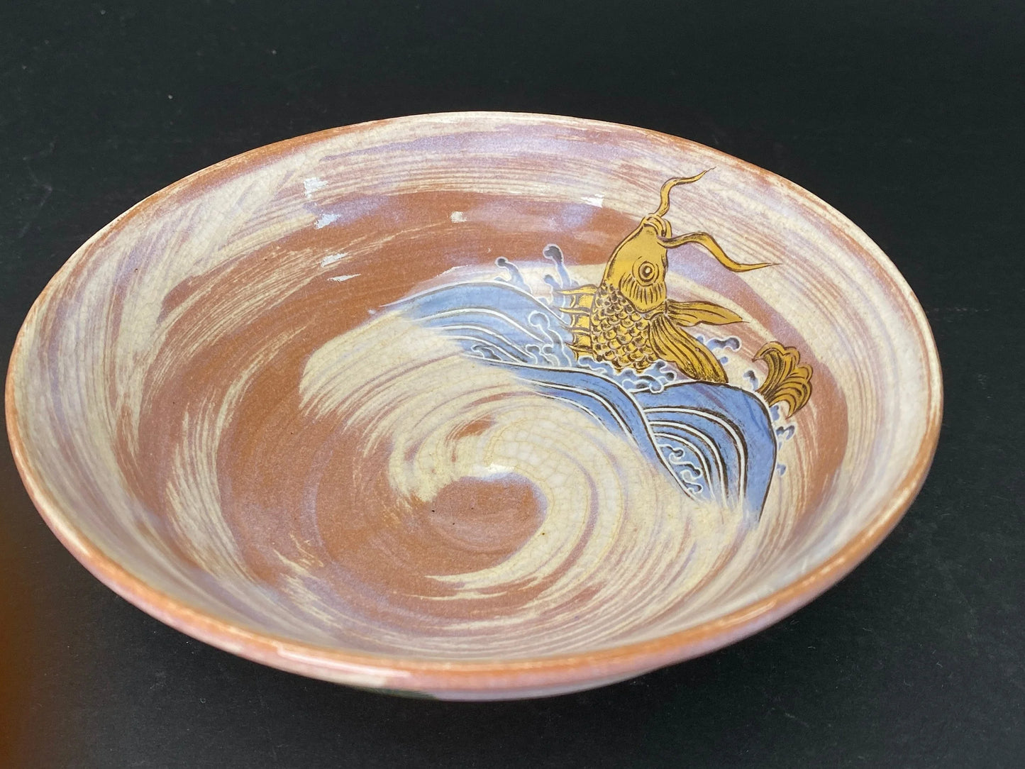 Japanese Araiso ware Chawan by Shoun: hand painted Fish Tea Bowl with box, low profile, rare Tea Utensils for Tea Ceremony