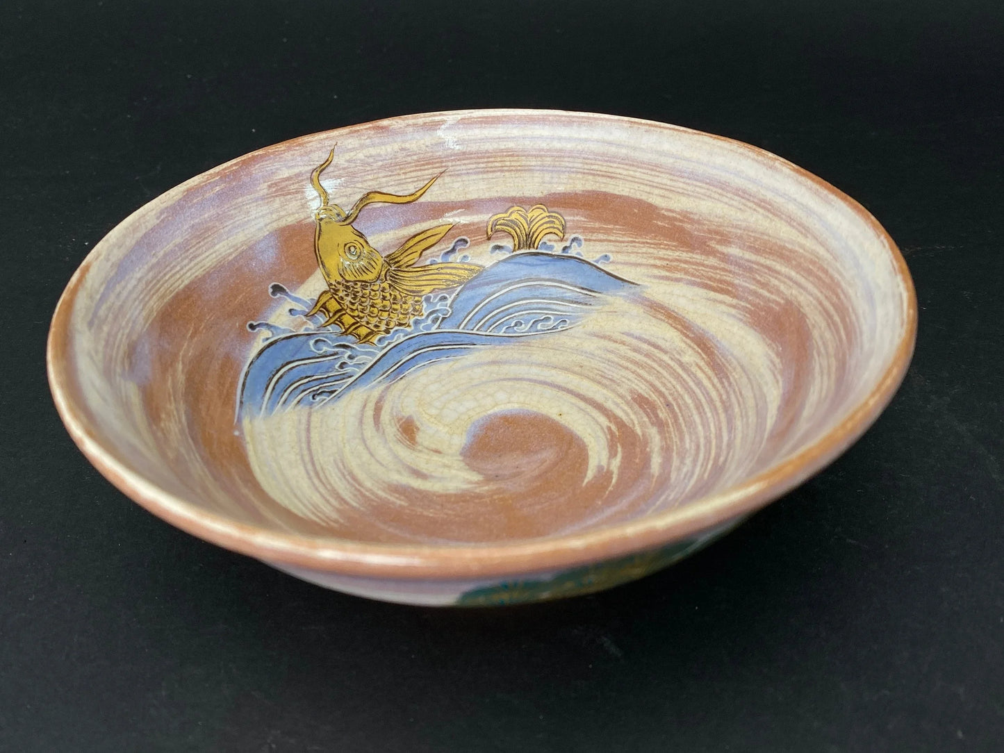 Japanese Araiso ware Chawan by Shoun: hand painted Fish Tea Bowl with box, low profile, rare Tea Utensils for Tea Ceremony