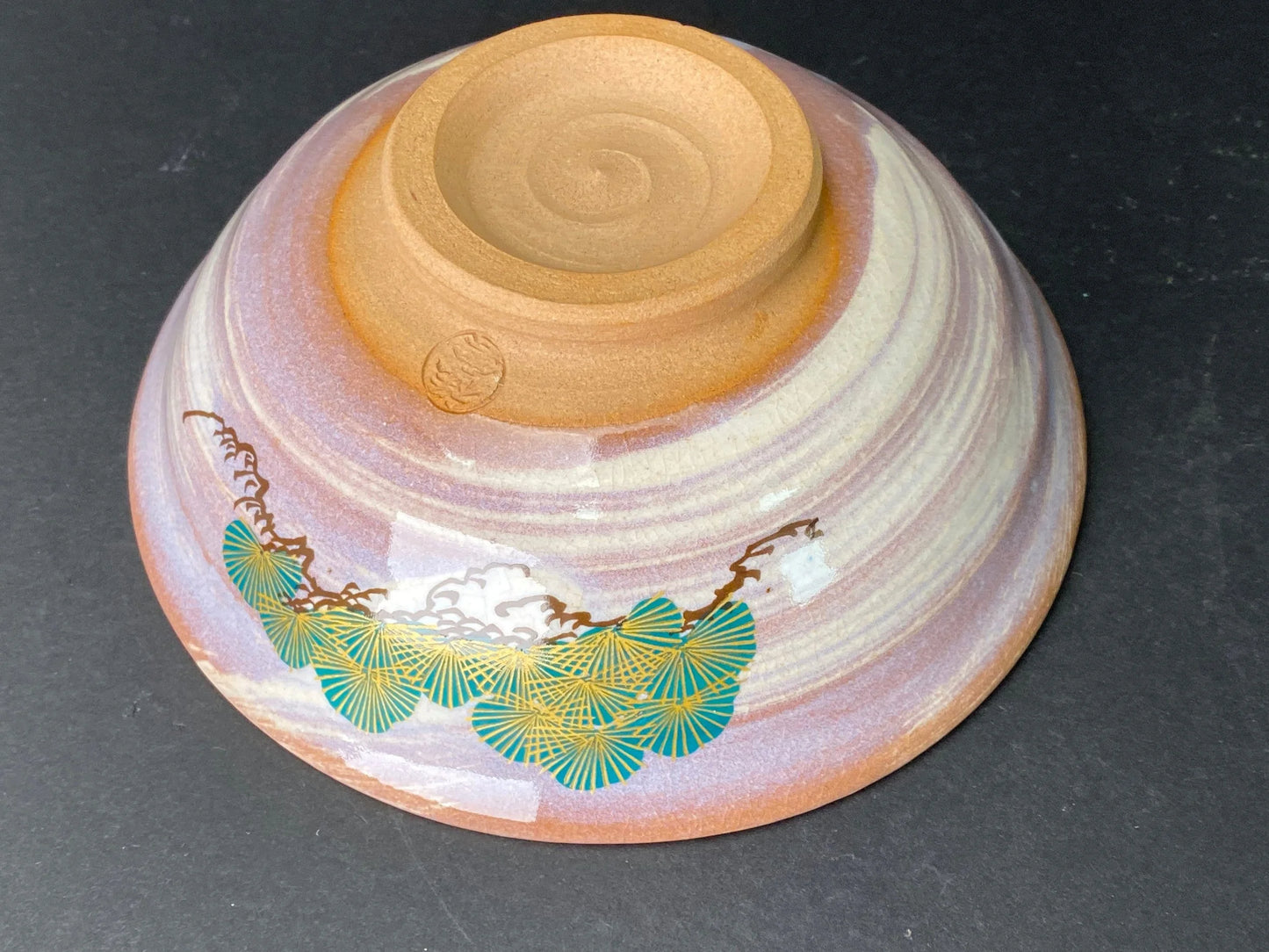 Japanese Araiso ware Chawan by Shoun: hand painted Fish Tea Bowl with box, low profile, rare Tea Utensils for Tea Ceremony