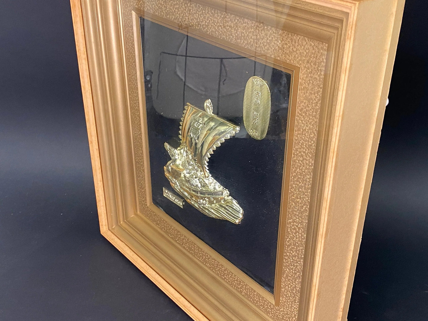 RARE Japanese 24KGP Lucky Treasure Ship 3D Figurine Wooden Frame H17", Gold Wall Decor, Vintage, with Original Box, Model Takehiko Seki Art