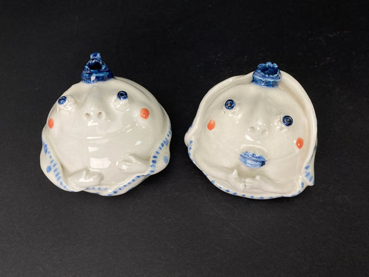 Japanese Couple Daruma Dolls, Pair of Darma, Japan Ceramics Balls W3.25", White and Blue, Calligraphy tool