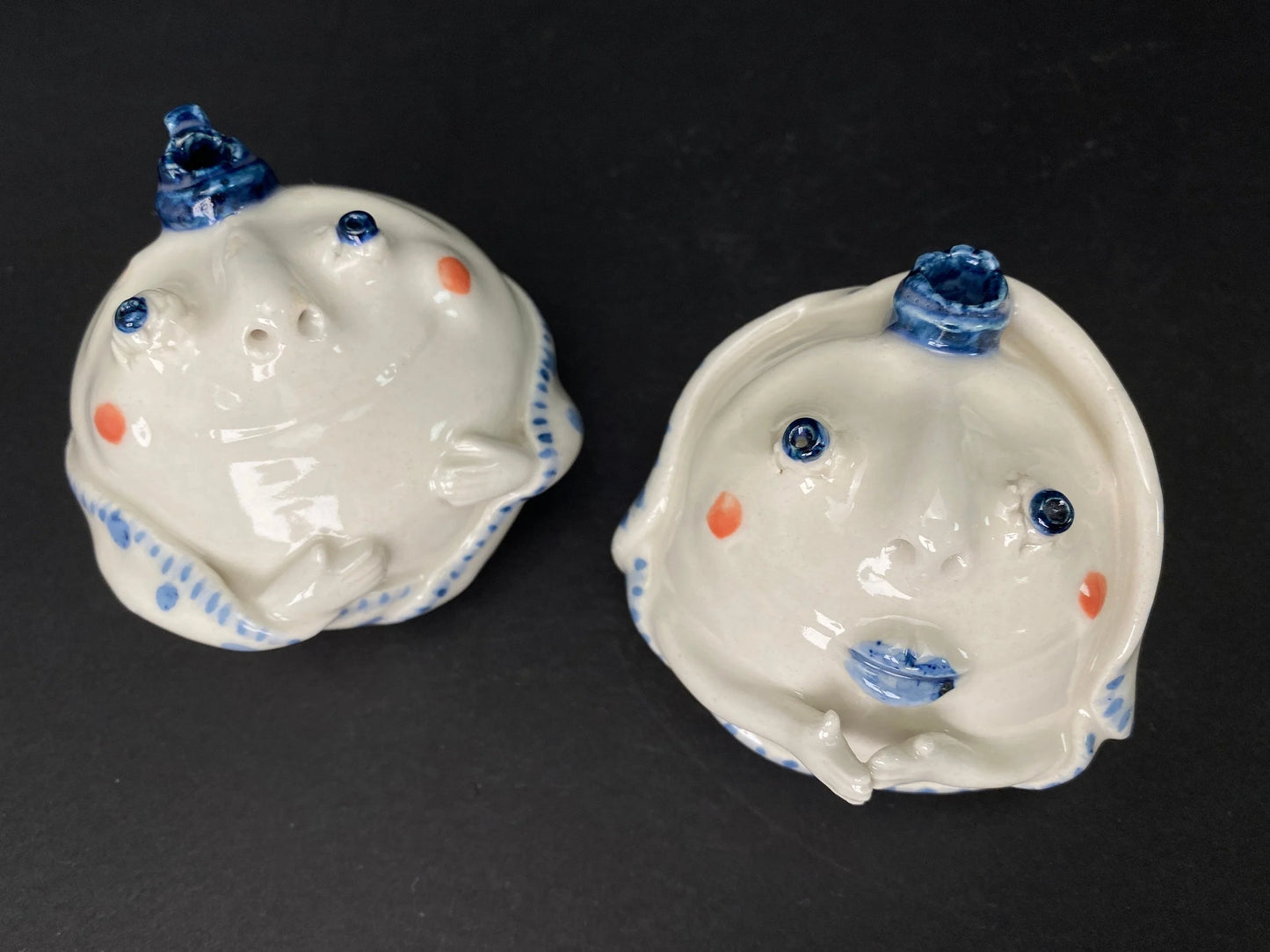 Ceramic Daruma Couple Pair White and Blue
