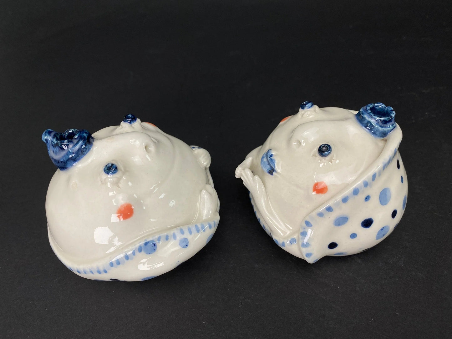 Ceramic Daruma Couple Pair White and Blue