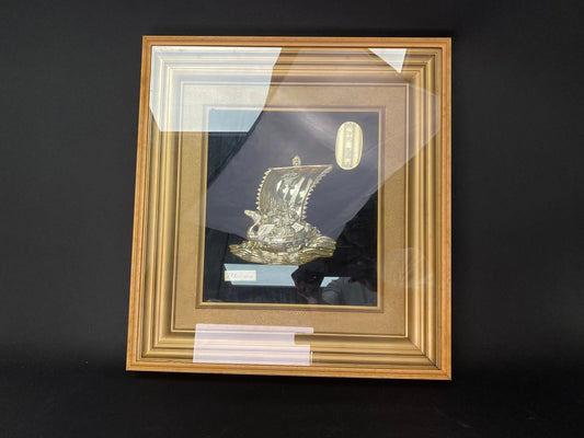 RARE Japanese 24KGP Lucky Treasure Ship 3D Figurine Wooden Frame H17", Gold Wall Decor, Vintage, with Original Box, Model Takehiko Seki Art