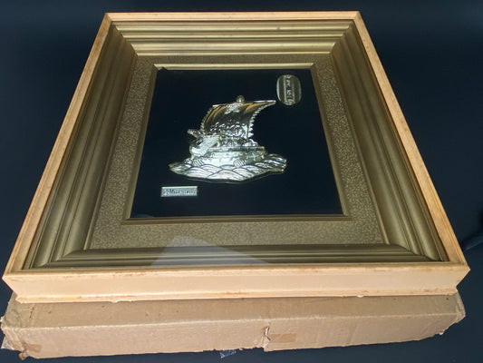 RARE Japanese 24KGP Lucky Treasure Ship 3D Figurine Wooden Frame H17", Gold Wall Decor, Vintage, with Original Box, Model Takehiko Seki Art