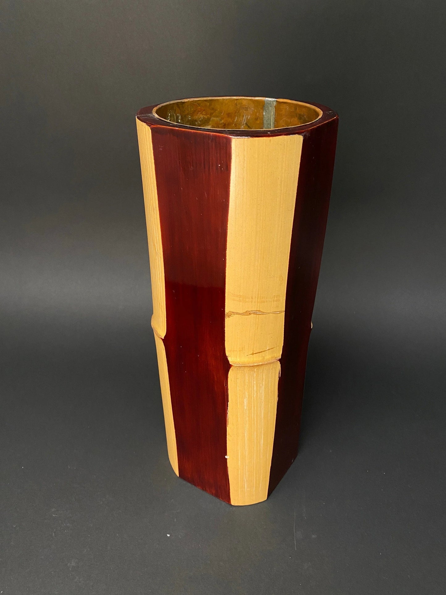 Japanese Nature Bamboo Ikebana Vase,  Lacquer, with flower holder sticker, Brass water container inside, Floral Arrangement bottle