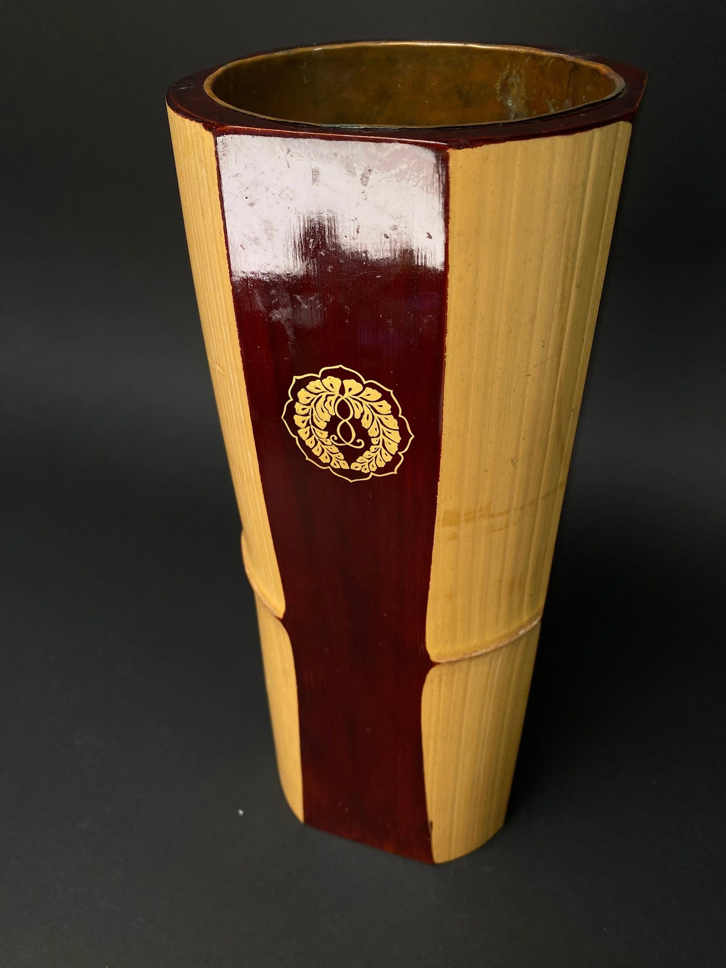 Japanese Nature Bamboo Ikebana Vase,  Lacquer, with flower holder sticker, Brass water container inside, Floral Arrangement bottle