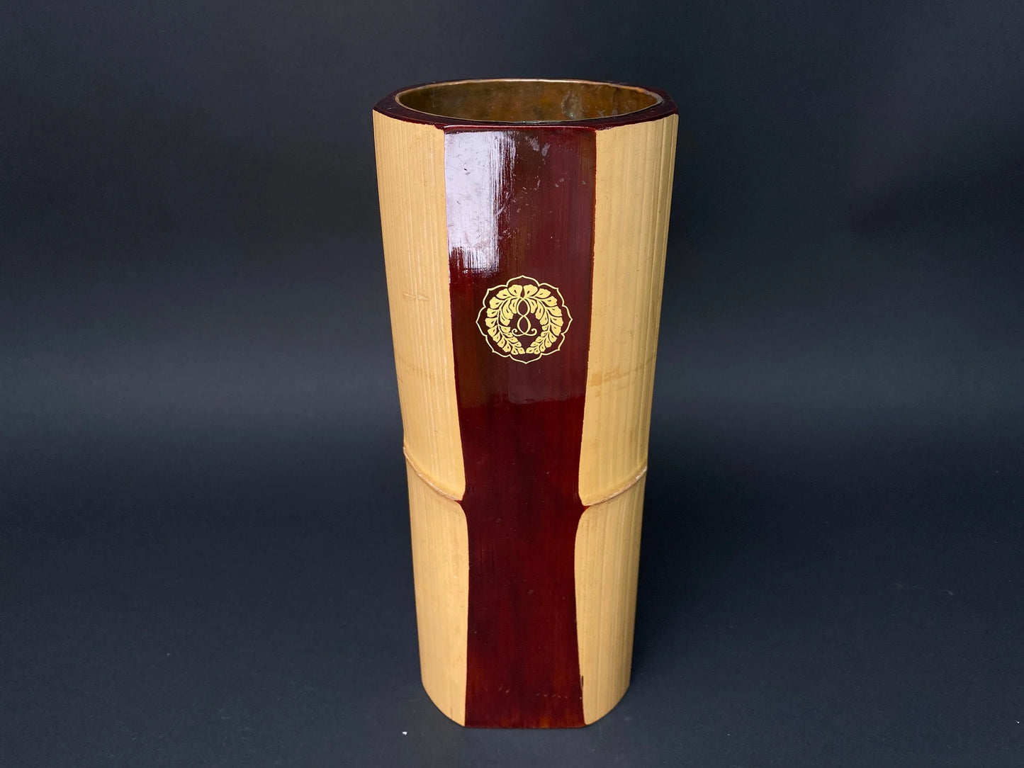 Japanese Nature Bamboo Ikebana Vase,  Lacquer, with flower holder sticker, Brass water container inside, Floral Arrangement bottle