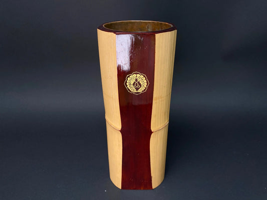Japanese Nature Bamboo Ikebana Vase,  Lacquer, with flower holder sticker, Brass water container inside, Floral Arrangement bottle
