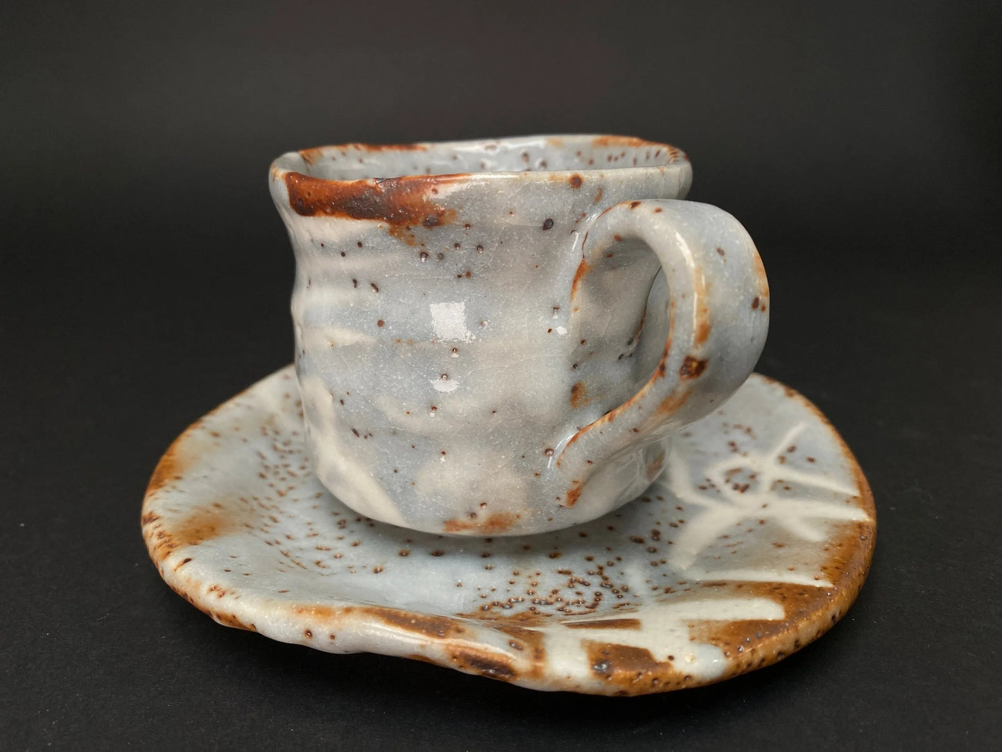 Shino ware Coffee Cup & Saucer, by Maker Akamine, Nezumi Shino ware Tea cup and saucer, Mino ware, Made in Japan