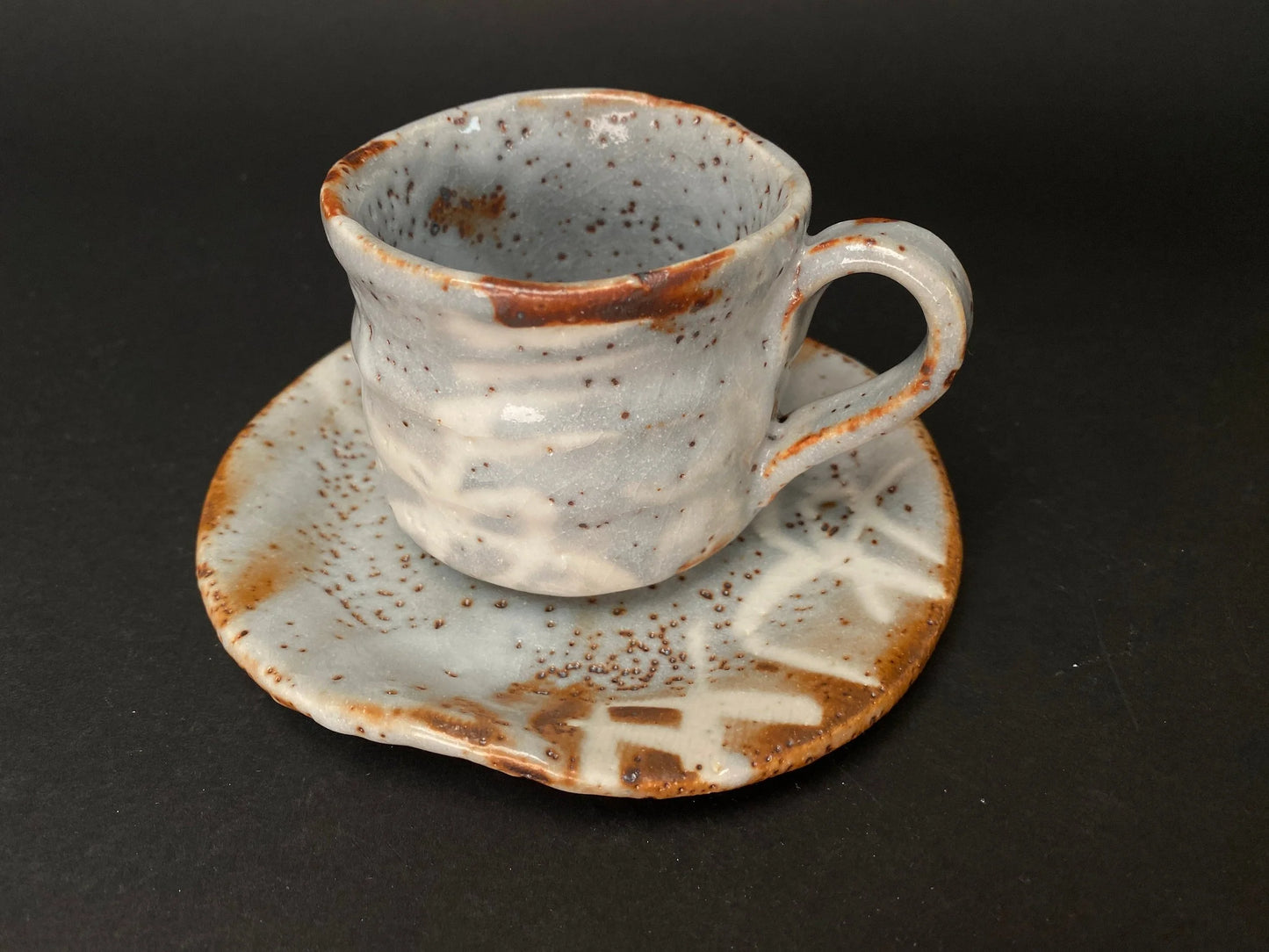 Shino ware Coffee Cup & Saucer, by Maker Akamine, Nezumi Shino ware Tea cup and saucer, Mino ware, Made in Japan