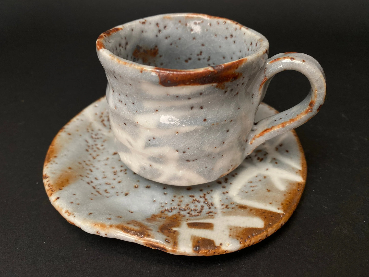 Shino ware Coffee Cup & Saucer, by Maker Akamine, Nezumi Shino ware Tea cup and saucer, Mino ware, Made in Japan