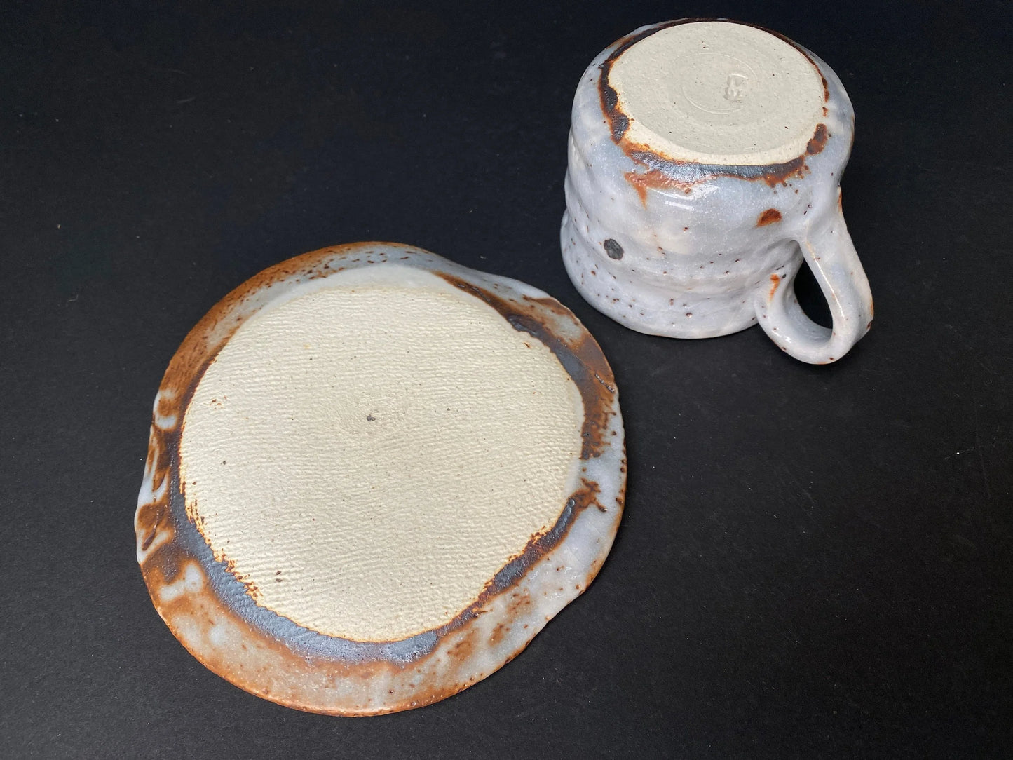 Shino ware Coffee Cup & Saucer, by Maker Akamine, Nezumi Shino ware Tea cup and saucer, Mino ware, Made in Japan
