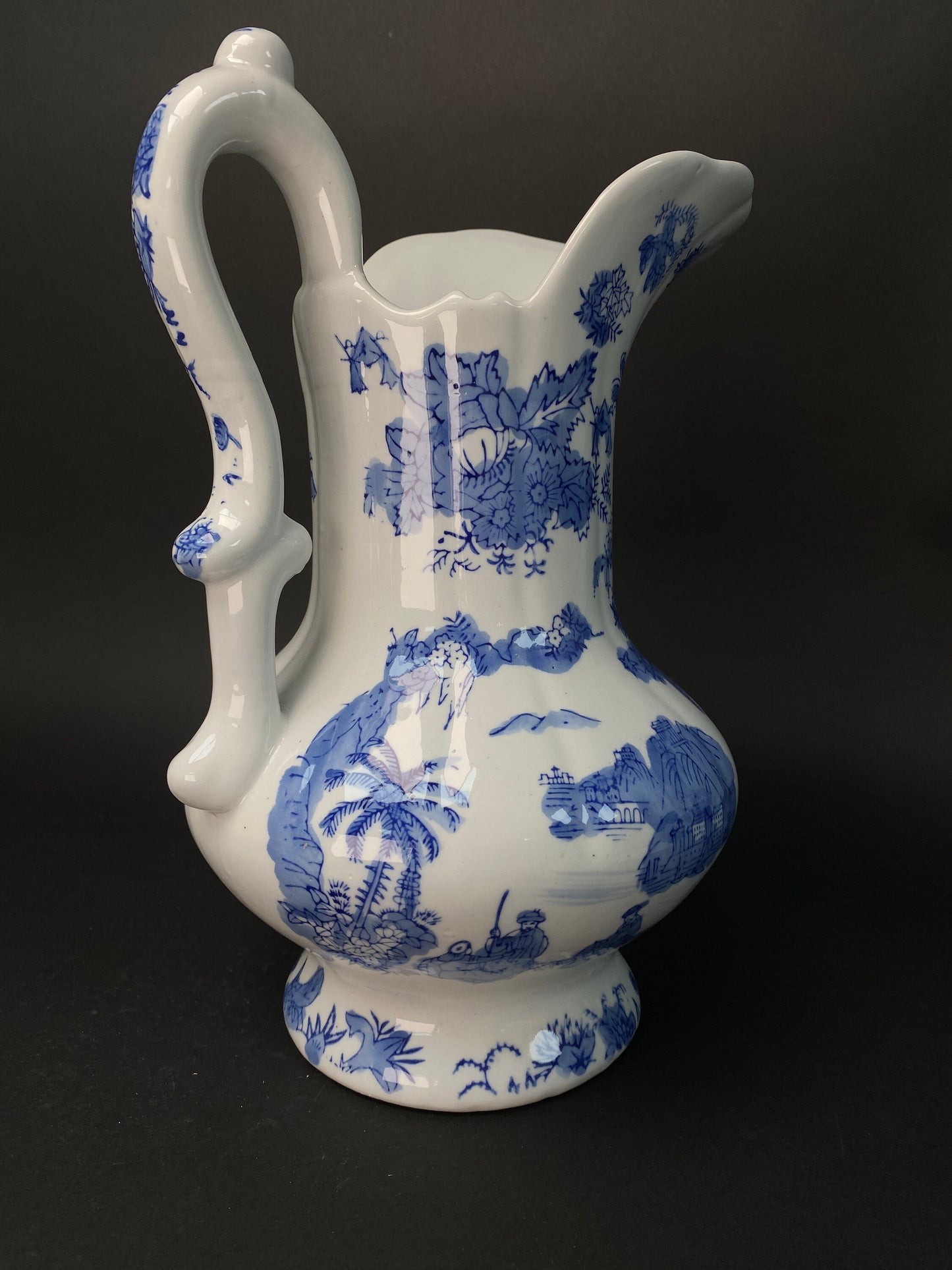 Japanese Big Blue & White Vase,  with handle, Big, H11.5" Art Pottery,  Landscape Pattern, Blue and White ceramic