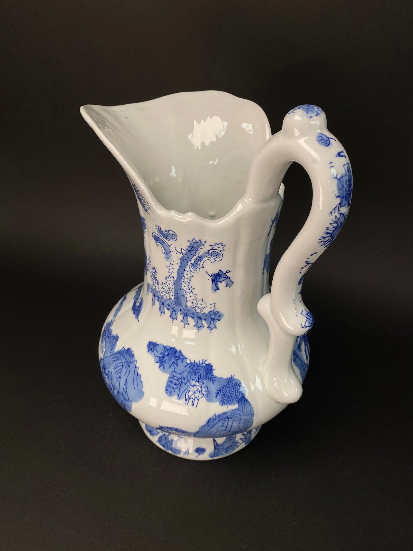 Japanese Big Blue & White Vase,  with handle, Big, H11.5" Art Pottery,  Landscape Pattern, Blue and White ceramic