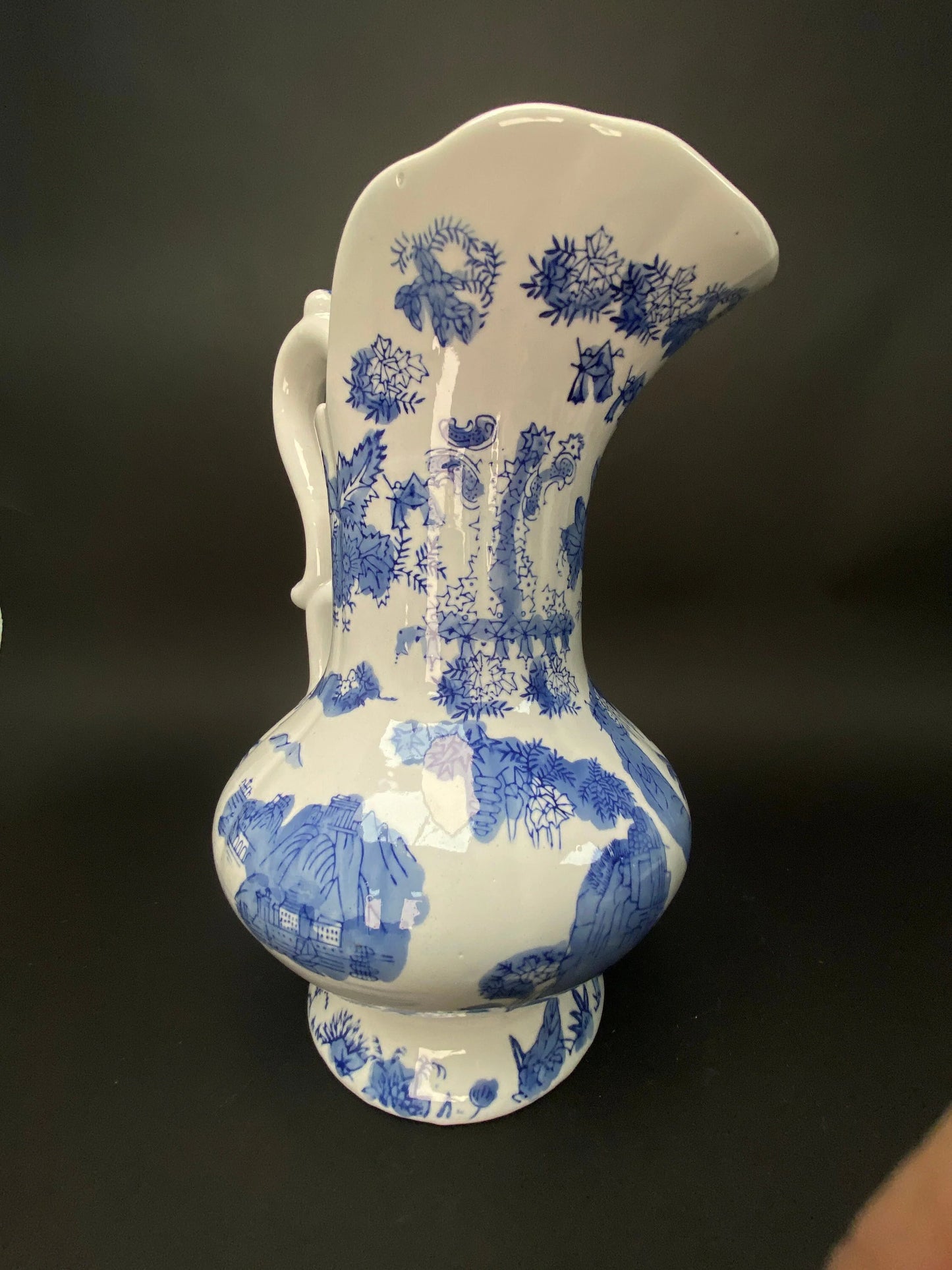 Japanese Big Blue & White Vase,  with handle, Big, H11.5" Art Pottery,  Landscape Pattern, Blue and White ceramic