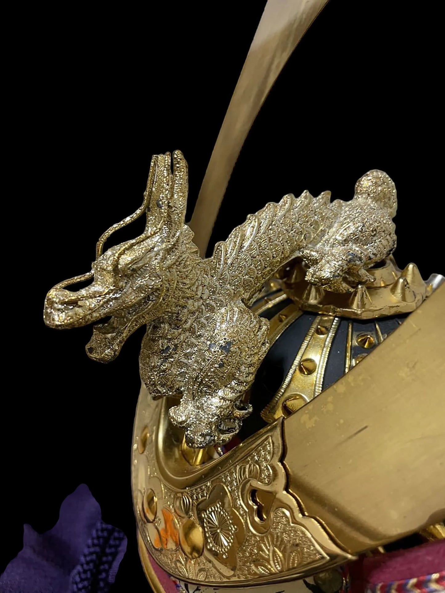 Satsuki Helmet dragon Kabuto full set original displayed wood lacquer box, by Ryugyoku,  rare fabric, Japanese luxury table decor