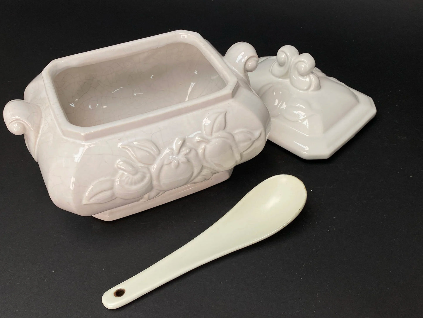 Japanese Embossed Pattern Large Jar, Vtg Ceramic lidded Bowl, sugar jar with spoon, Made in Japan