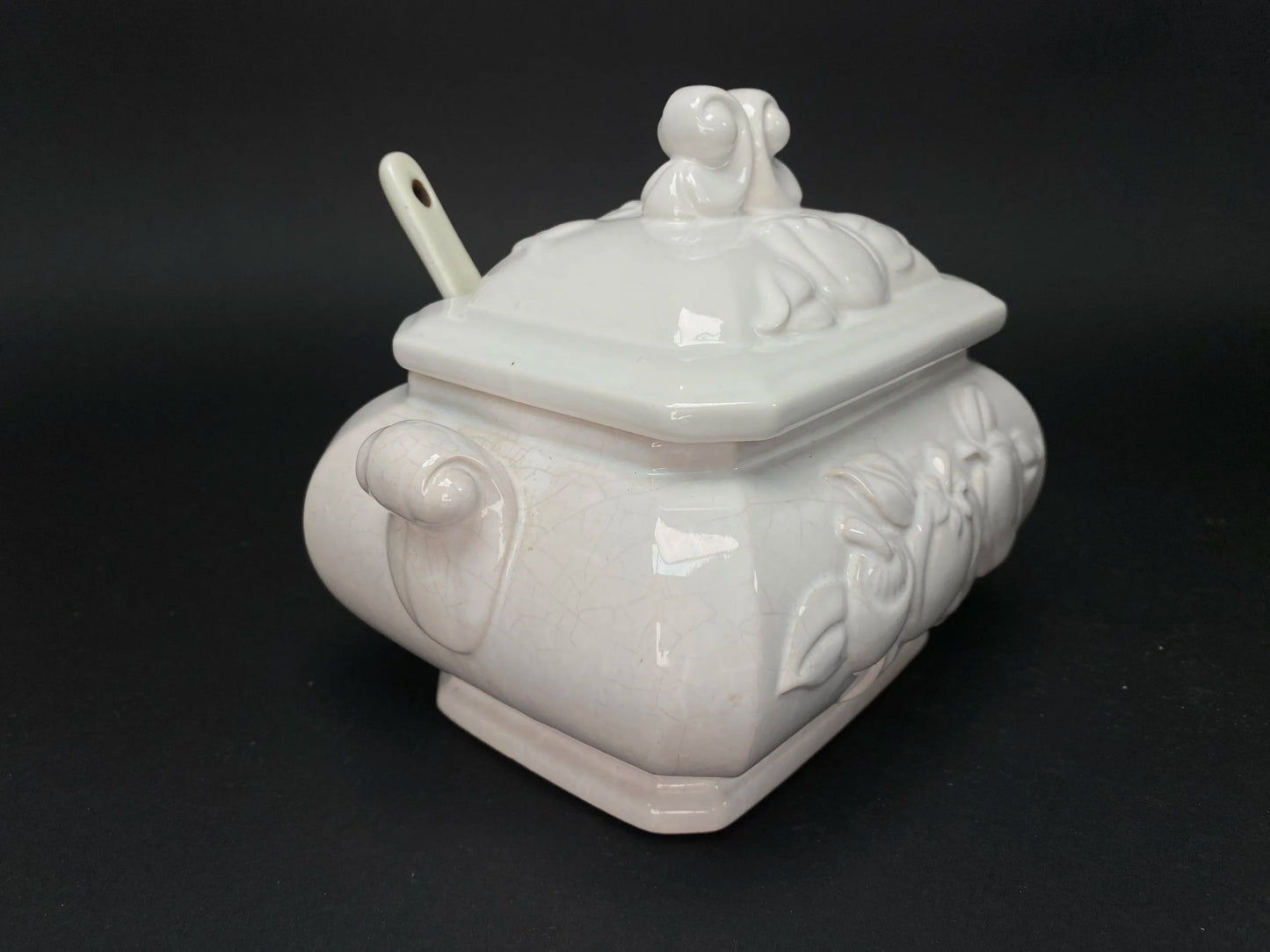 Japanese Embossed Pattern Large Jar, Vtg Ceramic lidded Bowl, sugar jar with spoon, Made in Japan