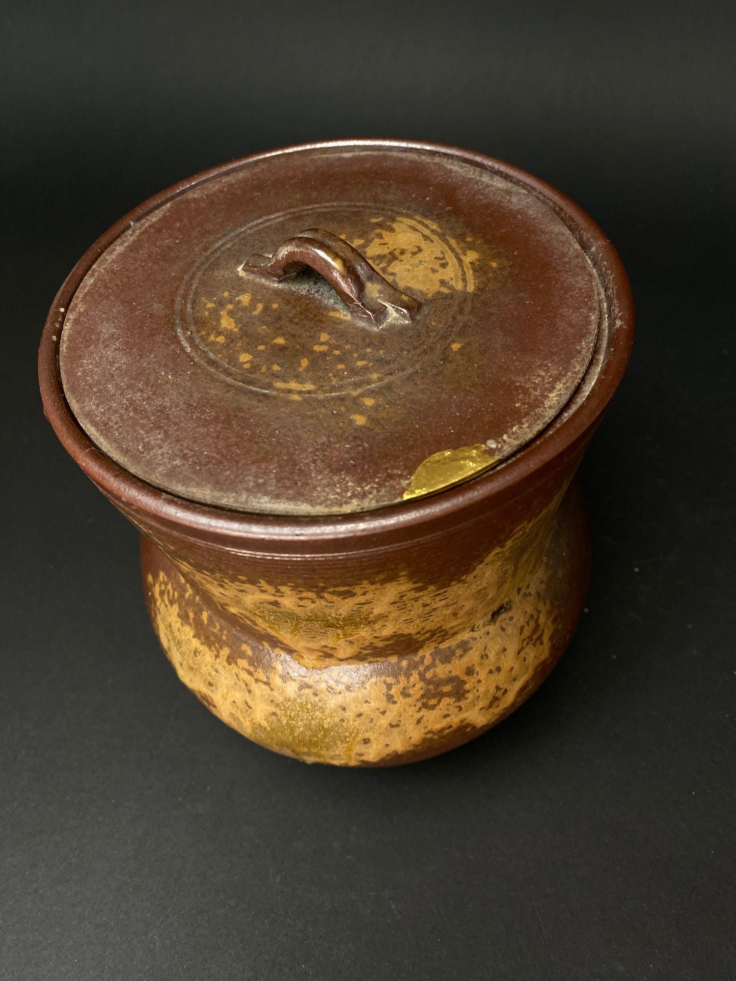 KINTSUGI Bizen ware yaki Big Kensui with lid, Kozan kiln H6" Japanese Art Work Pottery, lidded Pot w/Stamp