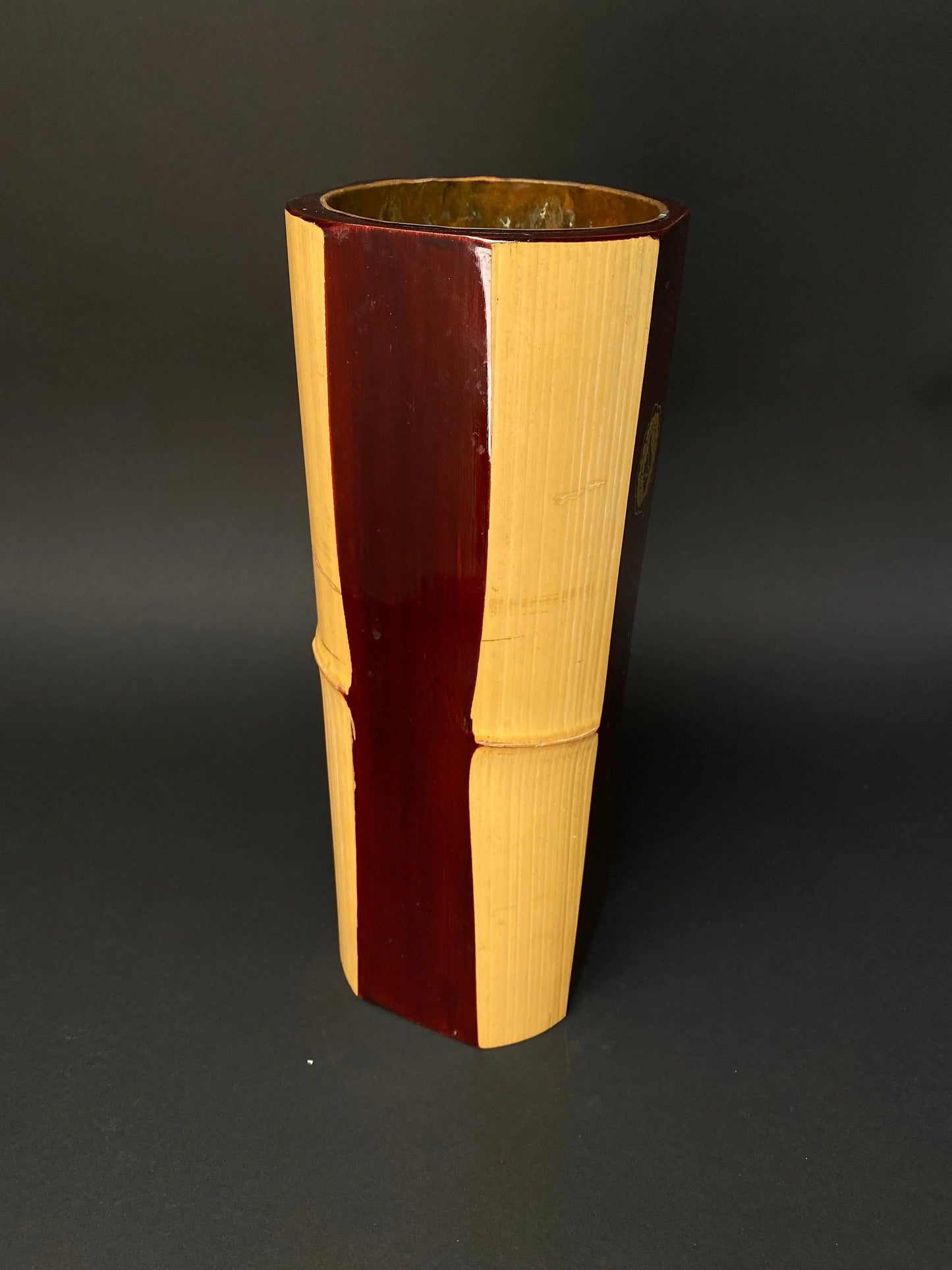 Japanese Nature Bamboo Ikebana Vase,  Lacquer, with flower holder sticker, Brass water container inside, Floral Arrangement bottle
