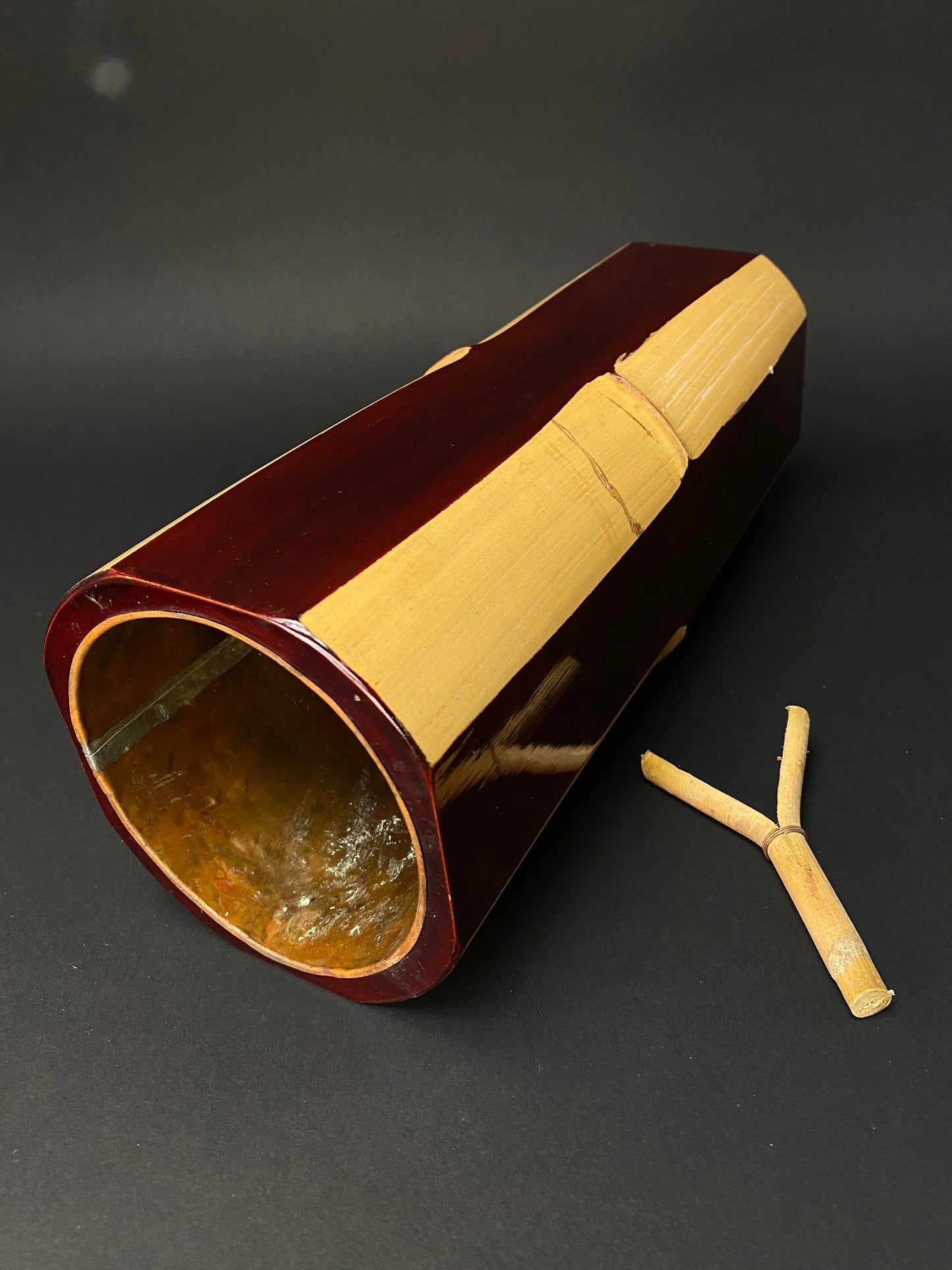 Japanese Nature Bamboo Ikebana Vase,  Lacquer, with flower holder sticker, Brass water container inside, Floral Arrangement bottle