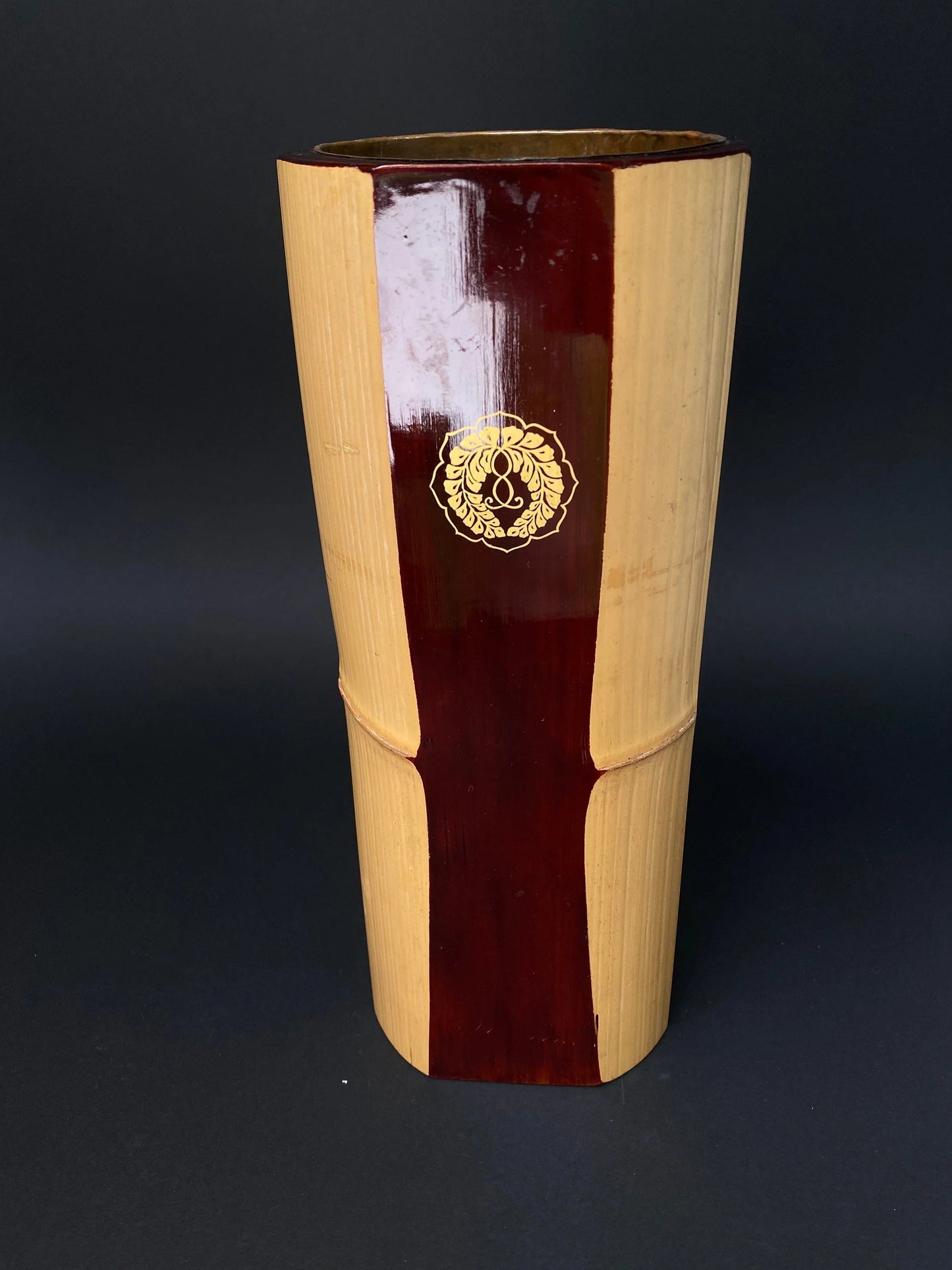 Japanese Nature Bamboo Ikebana Vase,  Lacquer, with flower holder sticker, Brass water container inside, Floral Arrangement bottle