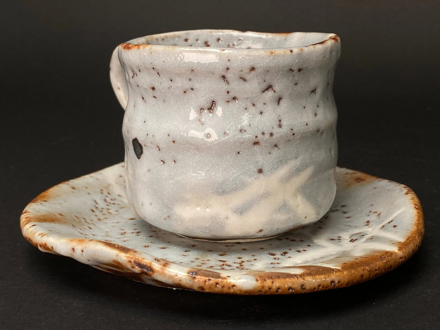 Shino ware Coffee Cup & Saucer, by Maker Akamine, Nezumi Shino ware Tea cup and saucer, Mino ware, Made in Japan
