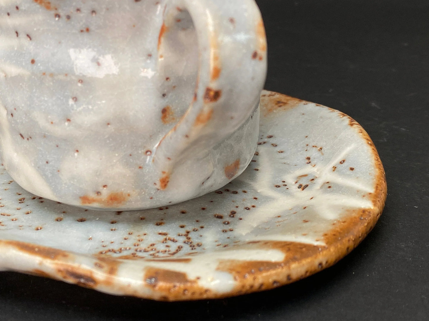 Shino ware Coffee Cup & Saucer, by Maker Akamine, Nezumi Shino ware Tea cup and saucer, Mino ware, Made in Japan