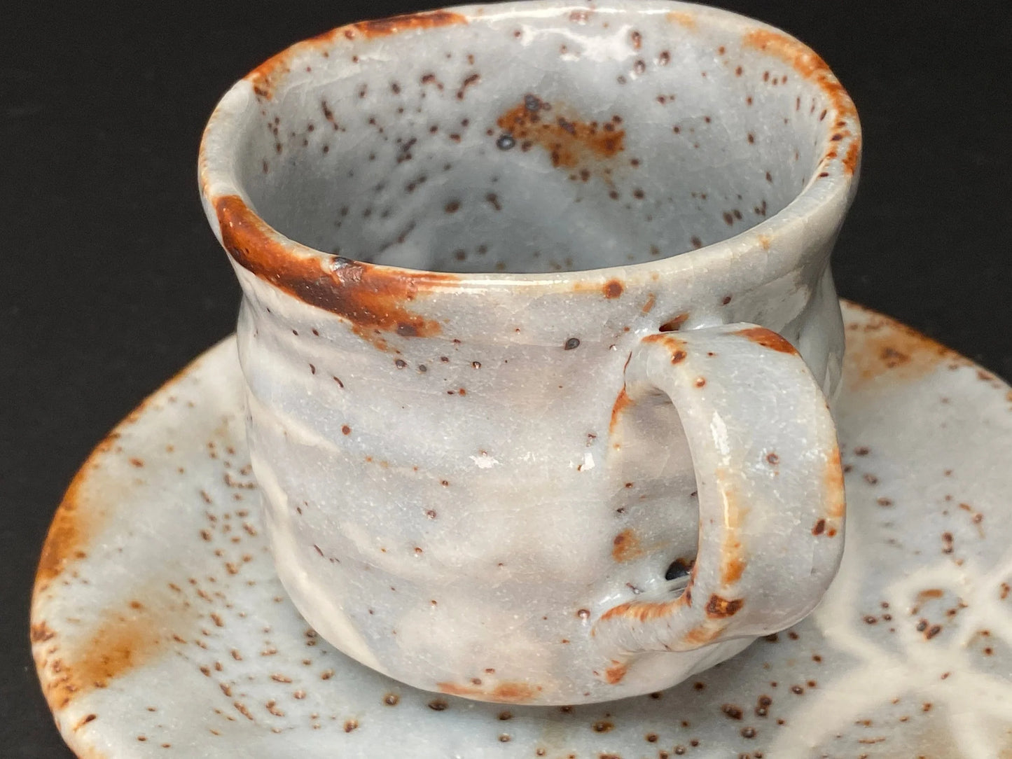 Shino ware Coffee Cup & Saucer, by Maker Akamine, Nezumi Shino ware Tea cup and saucer, Mino ware, Made in Japan