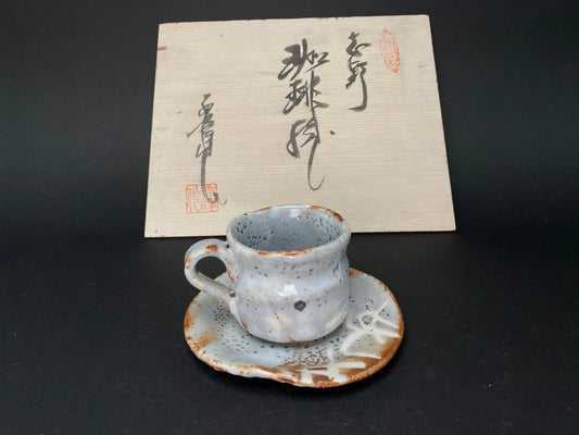 Shino ware Coffee Cup & Saucer, by Maker Akamine, Nezumi Shino ware Tea cup and saucer, Mino ware, Made in Japan