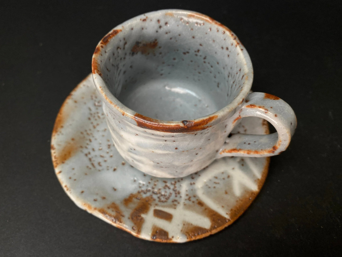 Shino ware Coffee Cup & Saucer, by Maker Akamine, Nezumi Shino ware Tea cup and saucer, Mino ware, Made in Japan