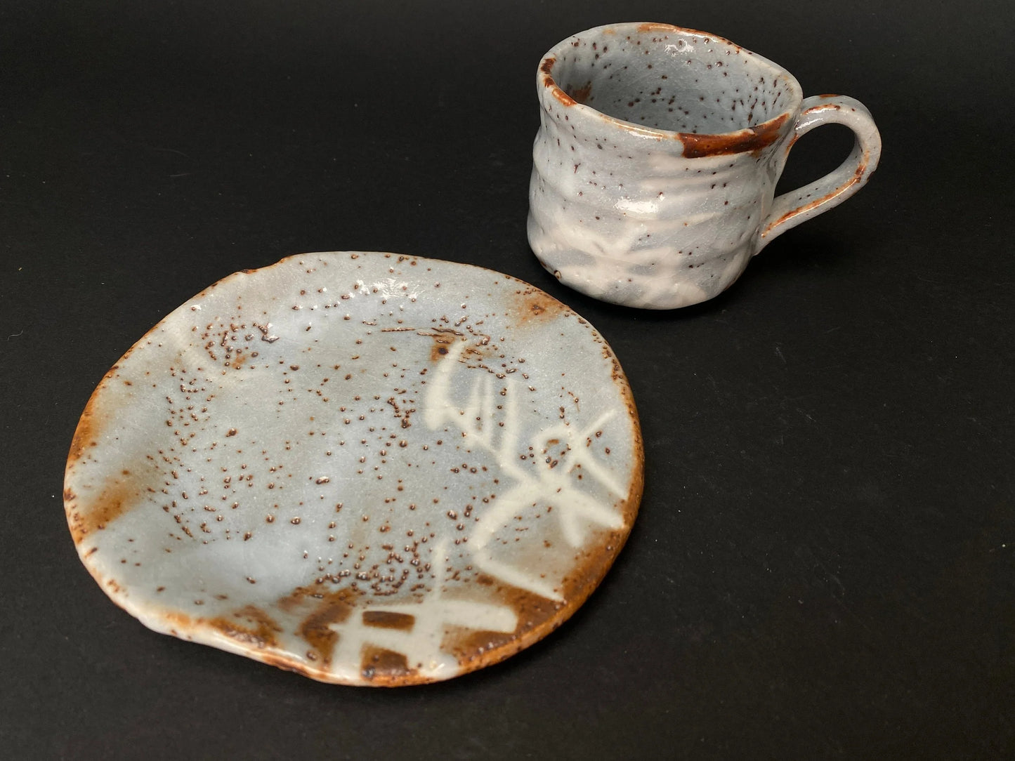 Shino ware Coffee Cup & Saucer, by Maker Akamine, Nezumi Shino ware Tea cup and saucer, Mino ware, Made in Japan
