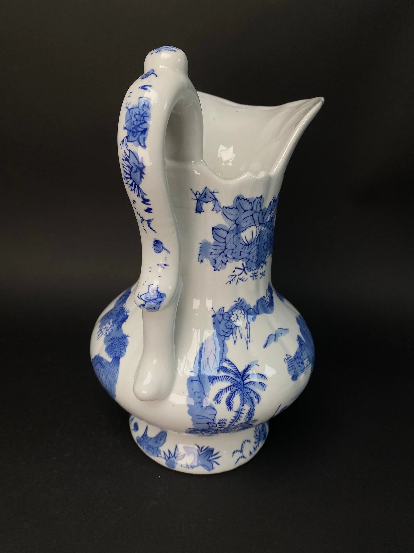 Japanese Big Blue & White Vase,  with handle, Big, H11.5" Art Pottery,  Landscape Pattern, Blue and White ceramic