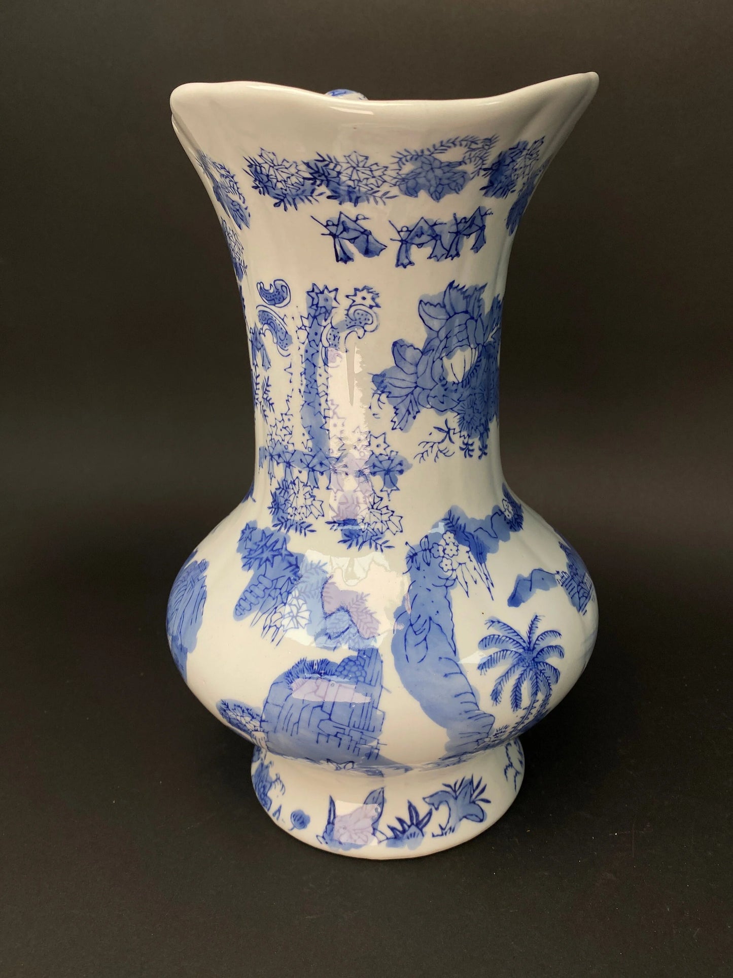 Japanese Big Blue & White Vase,  with handle, Big, H11.5" Art Pottery,  Landscape Pattern, Blue and White ceramic