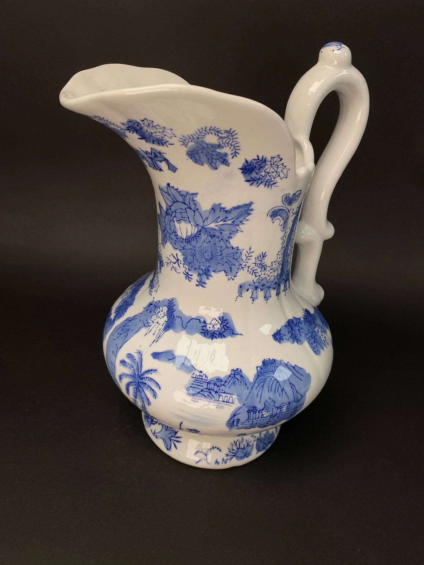 Japanese Big Blue & White Vase,  with handle, Big, H11.5" Art Pottery,  Landscape Pattern, Blue and White ceramic